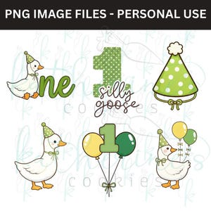 May include: A collection of whimsical illustrations featuring a goose wearing a party hat, balloons, and the number "1". The phrase "silly goose" is also included. The color palette includes green, yellow, and white.