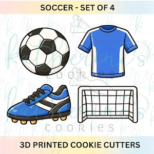 May include: A set of four soccer-themed cookie cutters featuring a black and white soccer ball, a blue and white jersey, a blue soccer cleat with black stripes and yellow studs, and a white soccer goal net with the text SOCCER - SET OF 4.
