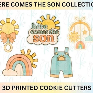 Peut inclure: Collection de découpoirs à biscuits imprimés en 3D sur le thème « Here Comes the Son ». Les motifs comprennent un soleil, un arc-en-ciel, un hochet, une salopette et un mobile. La palette de couleurs présente des tons pastel de jaune, orange, bleu et pêche.