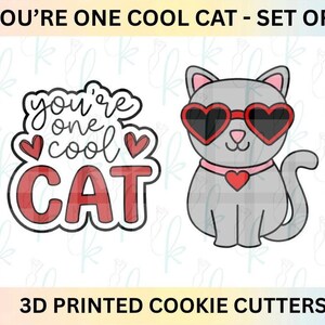 May include: A set of two 3D printed cookie cutters. One cutter features the text YOU'RE ONE COOL CAT with two small hearts. The second cutter is a gray cat wearing red heart-shaped sunglasses and a pink collar with a red heart charm.