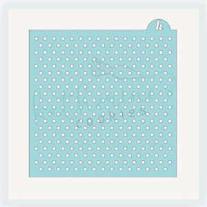 May include: A light blue cookie stencil with a repeating pattern of white polka dots. The stencil has a rounded tab with the letter "k" cut out. The words "little cookies" are faintly visible in the center of the stencil.