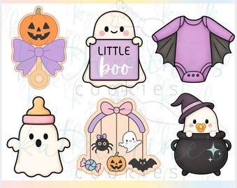 May include: A set of six 3D printed cookie cutters featuring Halloween baby themes: an orange pumpkin rattle with a purple bow, a ghost holding a sign that says LITTLE boo, a purple bat-winged onesie, a ghost baby bottle, a mobile, and a ghost in a cauldron.