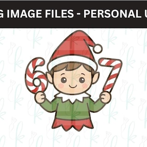 May include: A cartoon elf wearing a red plaid hat and green tunic, holding a candy cane shaped like the number 6 in one hand and a candy cane shaped like the number 7 in the other. The image has the text "PNG IMAGE FILES - PERSONAL USE" at the top.