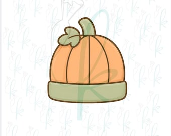 May include: A 3D printed cookie cutter shaped like a pumpkin with a light orange body, a sage green stem, and a sage green base. The design features a single leaf attached to the stem and vertical lines defining the pumpkin segments.