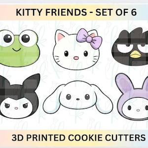 May include: A set of six 3D printed cookie cutters featuring cartoon characters. The set includes a green frog, a white cat with a purple bow, a black bird, a black bat, a white bunny, and a purple bunny. The text "KITTY FRIENDS - SET OF 6" is at the top.