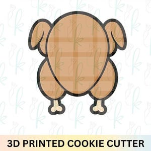 以下が含まれることがあります： 七面鳥の形をした3Dプリントのクッキーカッター。七面鳥は、黒いアウトラインの茶色のチェック柄です。「3D PRINTED COOKIE CUTTER」というテキストが画像の下部にあります。