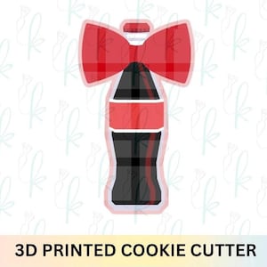 May include: A 3D printed cookie cutter in the shape of a soda bottle with a red plaid bow. The bottle is black with red accents. The text "3D PRINTED COOKIE CUTTER" is at the bottom.