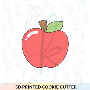 May include: A red apple cookie cutter with a brown stem and a single green leaf. The design features a white highlight on the left side of the apple. The text 3D PRINTED COOKIE CUTTER is displayed at the bottom of the image in black capital letters.