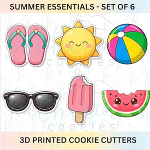 May include: Set of 6 summer-themed 3D printed cookie cutters. Includes pink flip-flops, a smiling sun, a beach ball, sunglasses, a pink popsicle, and a watermelon slice with a smiling face. Text reads "SUMMER ESSENTIALS - SET OF 6".