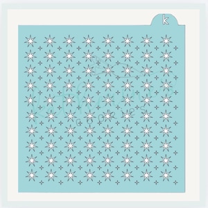 May include: A square light blue stencil featuring a repeating pattern of eight-pointed stars and small four-pointed stars. The stencil has a small tab at the top right corner with the letter k printed on it, designed for crafting and decorating.