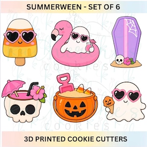 May include: A set of six 3D printed cookie cutters titled SUMMERWEEN - SET OF 6. The designs include a candy corn popsicle, a ghost in a pink flamingo float, a purple coffin with a skull, a skull drink, a jack-o'-lantern bucket, and a ghost with ice cream.