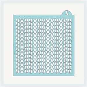 May include: A light blue stencil with a white knit pattern. The stencil has a rectangular shape with rounded corners and a small tab on the top right corner. The knit pattern is a repeating design of vertical rows of connected ovals.