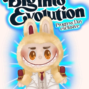 Op de afbeelding: Illustratie van een stripfiguur in een konijnenkostuum, met een wit pak en een rode stropdas. Het personage heeft grote oranje ogen en een brede grijns. De tekst luidt "Biginto Evolution" en "Progress Day exclusive".