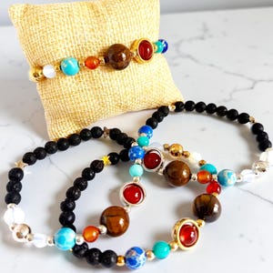 Solar System Bracelet with Lava Stone – Essential Oil Diffuser – Silver or Gold Plated Steel – Energy & Grounding