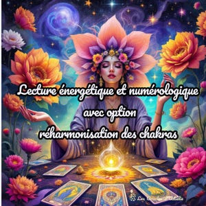 May include: A digital art image featuring a woman surrounded by colorful flowers and tarot cards. The text "Lecture énergétique et numérologique avec option réharmonisation des chakras" is displayed in white script. The artwork has a mystical and spiritual theme.