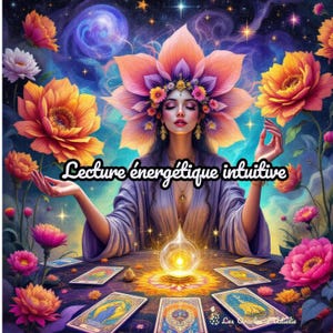 May include: A digital illustration featuring a person with a large floral headpiece, sitting at a table with tarot cards and a glowing orb. The text "Lecture énergétique intuitive" is centered. The scene is surrounded by vibrant orange and pink flowers.