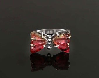 Tourmaline Carving Ring 925 Sterling Silver Ring, Butterfly Ring, Handmade Tourmaline Ring, Minimalist Ring