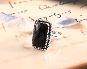 天然ブラックスピネルリング：ハンドメイド925スターリングシルバー