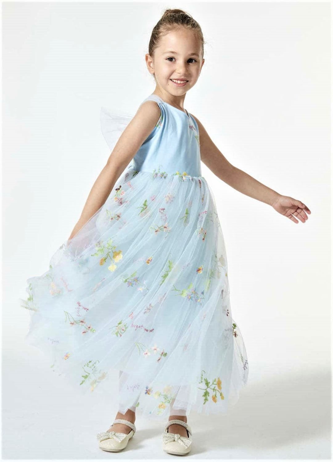 Toddler Embroidered Flower Lapels Blue Dress
