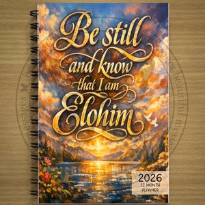 May include: A 2026 12-month planner with a landscape painting on the cover. The artwork depicts a lake scene with mountains, a sunset, and the words "Be still and know that I am Elohim" in elegant script. The planner has a spiral binding.