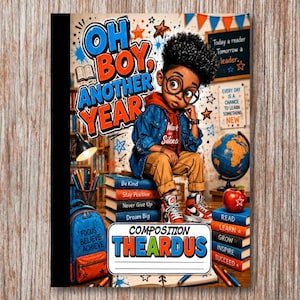 May include: A composition notebook cover featuring a young person with curly hair and glasses sitting on a stack of books. The text reads "OH BOY, ANOTHER YEAR" and "THEARDUS". The design includes a globe, a red apple, a blue backpack, and motivational phrases like "Stay Positive" and "Dream Big" on book spines.