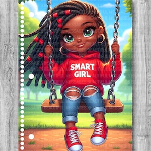 May include: A cartoon illustration of a young girl with brown skin and long black braids wearing a red hoodie with the words "SMART GIRL" on it. She is sitting on a swing with a green background.