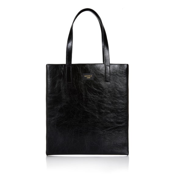 Black handmade glazed Italian Leather Shopper bag
