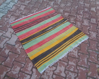 3.4 x3.3 Ft Striped Square Entry Rug, Vintage Yellow Small Kilim Rug, Doormat Indoor, Non-Slip Kitchen Rug, Mini Wool Rug, Boho Bathmat ATUR