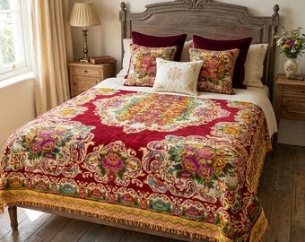 Vintage Rote Samt Tagesdecke, Floral Medaillon Boho Sofaüberwurf oder Wandbehang 1213