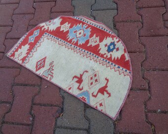 2.4x1.5 Semi Circle Vintage Rug, Hand Knotted Half Moon Small Rug, Half Round Rustic Carpet, Rug For Entry, Unique Distressed Doormat G44