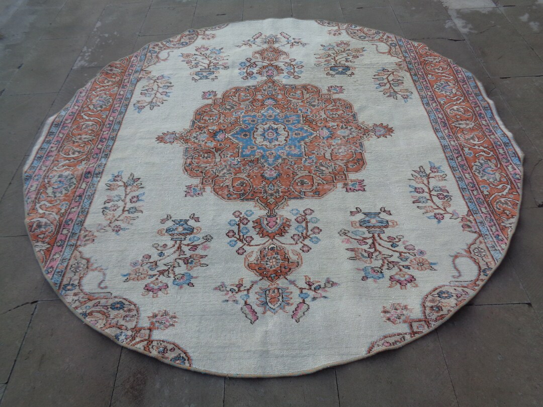 Brown Round Rug, Vintage Circle Rug, Dining Table Rug 6.7 X 6.6 Round ...
