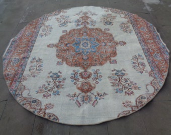 Brown Round Rug, Vintage Circle Rug, Dining Table Rug 6.7 x 6.6 Round Carpet Rug, Kitchen Area Rug, Muted Circular Rug, Boho Salon Rug 530