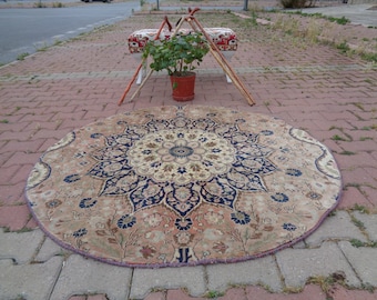 Blue Circular Rug, Round Rug For Bathroom, Hotel Lobby Rug, Salon Rug 4.5x4.5 Floral Porch Carpet, Circle Corner Rug, Boho Look Nook Rug d21
