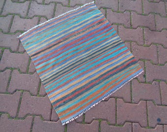 28''x25'' Housewarming Gifts, Striped Square Entry Rug, Vintage Colorful Small Kilim Rug, Doormat Indoor, Non-Slip Kitchen Rug, Mini Rug KPM