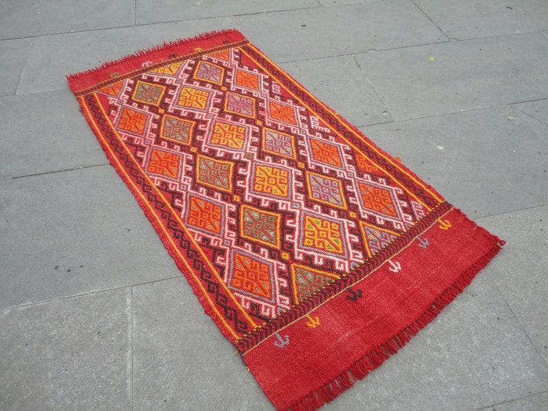 Small Vintage Kilim rug,Colorful Door mat,entrance rug,Flat Woven Tiny Rug,Little gift rug,Welcome Mat,Bedside Rug3/' 2/'/' x 1/' 6/'/'Bath mat413