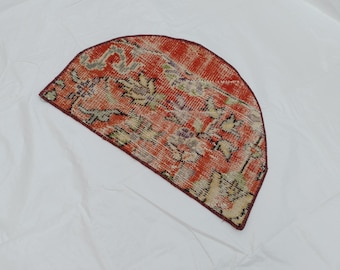Hand-Knotted Terracotta Half-Circle Rug, Rustic Floral Entryway Carpet  385