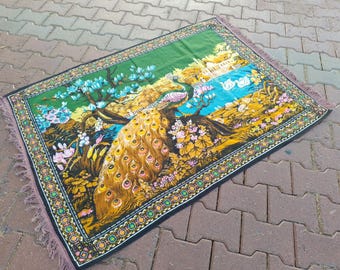 Vintage Peacock Wall Rug – Retro Cotton Tapestry Carpet with Swans & Palace – Bohemian Decorative Wall Hanging SAB