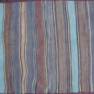 May include: A striped woven rug with a variety of colors, including brown, blue, and yellow. The rug has a fringed edge.