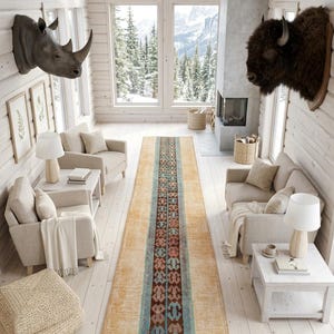 2.2x8.9 ft Vintage Beige Turquoise Turkish Wool Runner Rug BXM