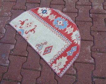 2.4x1.5Ft Semi Circle Vintage Rug, Hand Knotted Half Moon Small Rug, Half Round Rustic Carpet, Rug For Entry, Unique Distressed Doormat f103