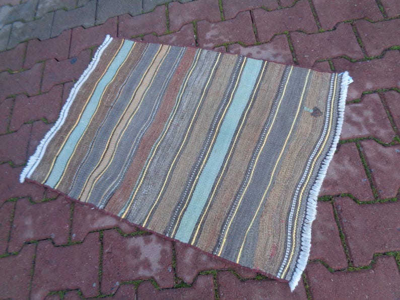 May include: A striped rug with a fringe border. The rug has a variety of colors, including brown, beige, blue, and white.