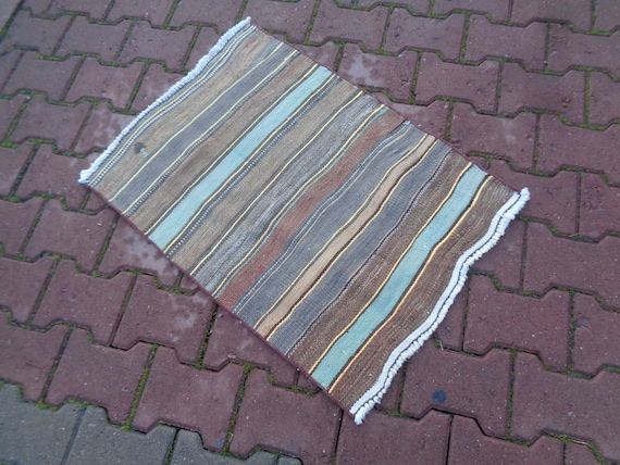 34''x24''  Brown & Gray Striped Small Kilim, Boho Entry Rug, Vintage Colorful Kilim Rug, Reading Nook, Non-Slip Kitchen Rug, Balcony Rug YMX