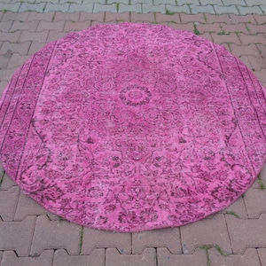 Pink Round Rug, Vintage Circle Carpet, Boho Circular Rug, Wool Door Mat, Floral Bath Mat, Rustic Kitchen Rug 5.2 x 5.2 Dining Table Rug A950