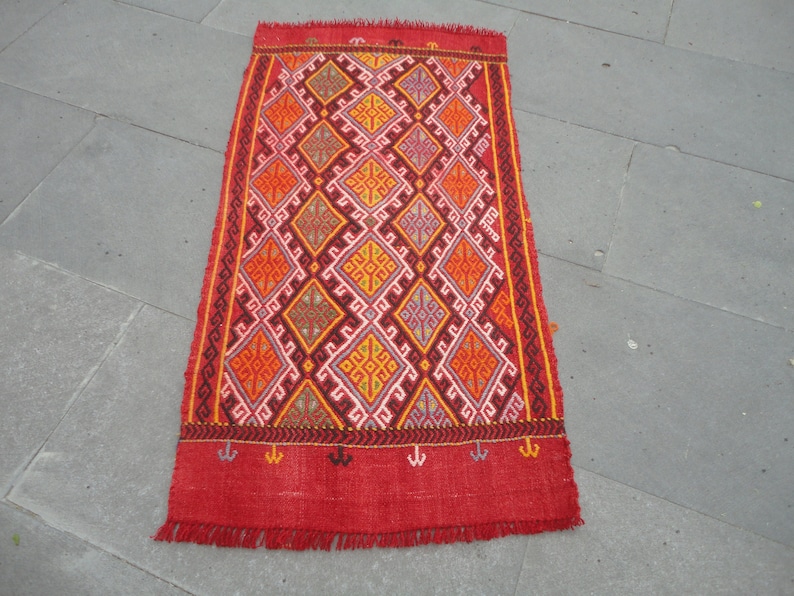 Small Vintage Kilim rug,Colorful Door mat,entrance rug,Flat Woven Tiny Rug,Little gift rug,Welcome Mat,Bedside Rug3/' 2/'/' x 1/' 6/'/'Bath mat413