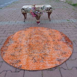 Orange Round Rug, Vintage Circle Rug, Rustic Outdoor Rug 3.9x4 FtTurkey Porch Carpet, Non Slip Kitchen Rug, Circular Rug, Boho Salon Rug c72