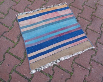 22'' x 24'' Blue & Earth Tones Striped Small Kilim, Boho Entry Rug, Vintage Colorful Kilim Rug, Reading Nook, Doormat, Bathroom Decor T24