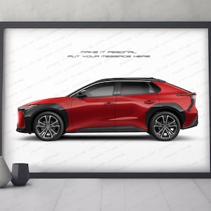 Könnte beinhalten: Ein roter SUV mit schwarzen Zierleisten und Rädern. Das Auto steht auf einem weißen Hintergrund mit dem Text "Make it personal. Put your message here." auf dem Hintergrund.