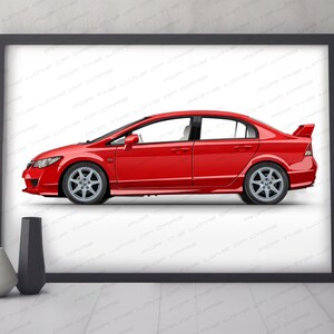 May include: A red Honda Civic saloon with black window trim and a spoiler on the boot. The car is photographed from the side against a white background.