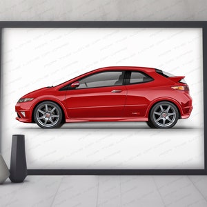 Può includere: Una Honda Civic Si coupé rossa con cerchi neri su sfondo bianco.
