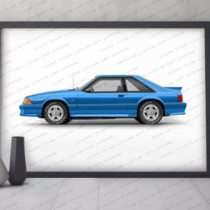Poster ispirato alla Ford Mustang del 1990 per gli amanti delle auto / stampa artistica fatta a mano, regalo per lui, per gli amanti della Mustang e per gli appassionati di auto.